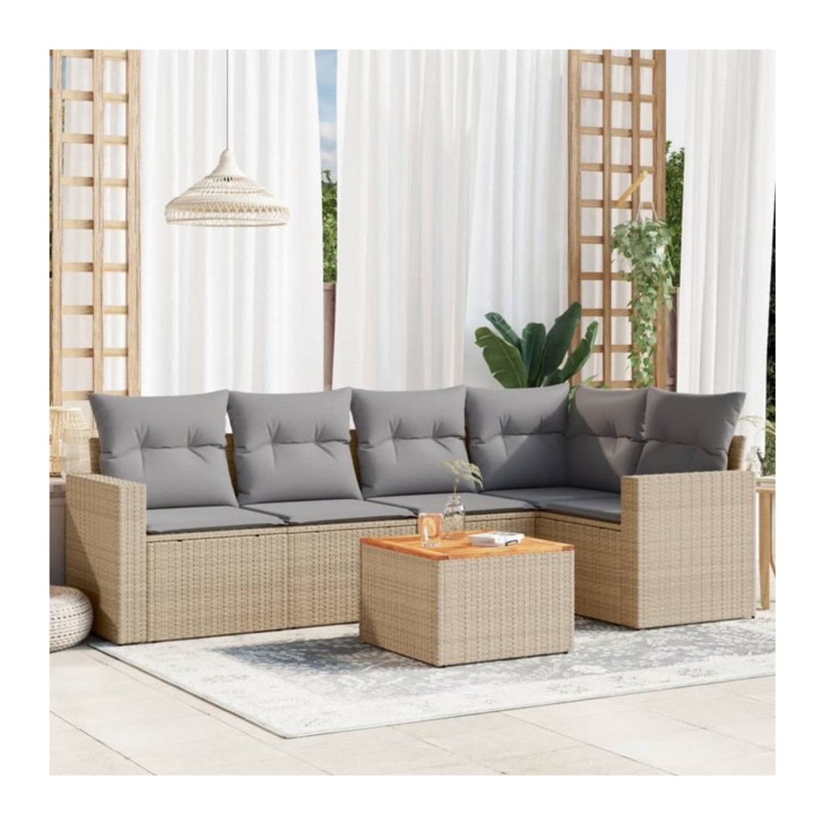 Vidaxl Gartenmöbel-Set aus Polyrattan und Akazie mit Kissen, 6-teilig, Beige - Bild 1