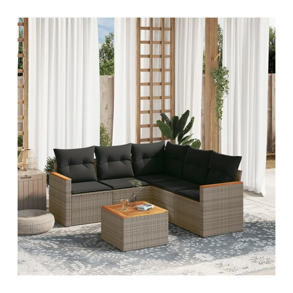 Vidaxl Gartenmöbel-Set aus Polyrattan und Akazie mit Kissen, 6-teilig, Grau - Bild 1