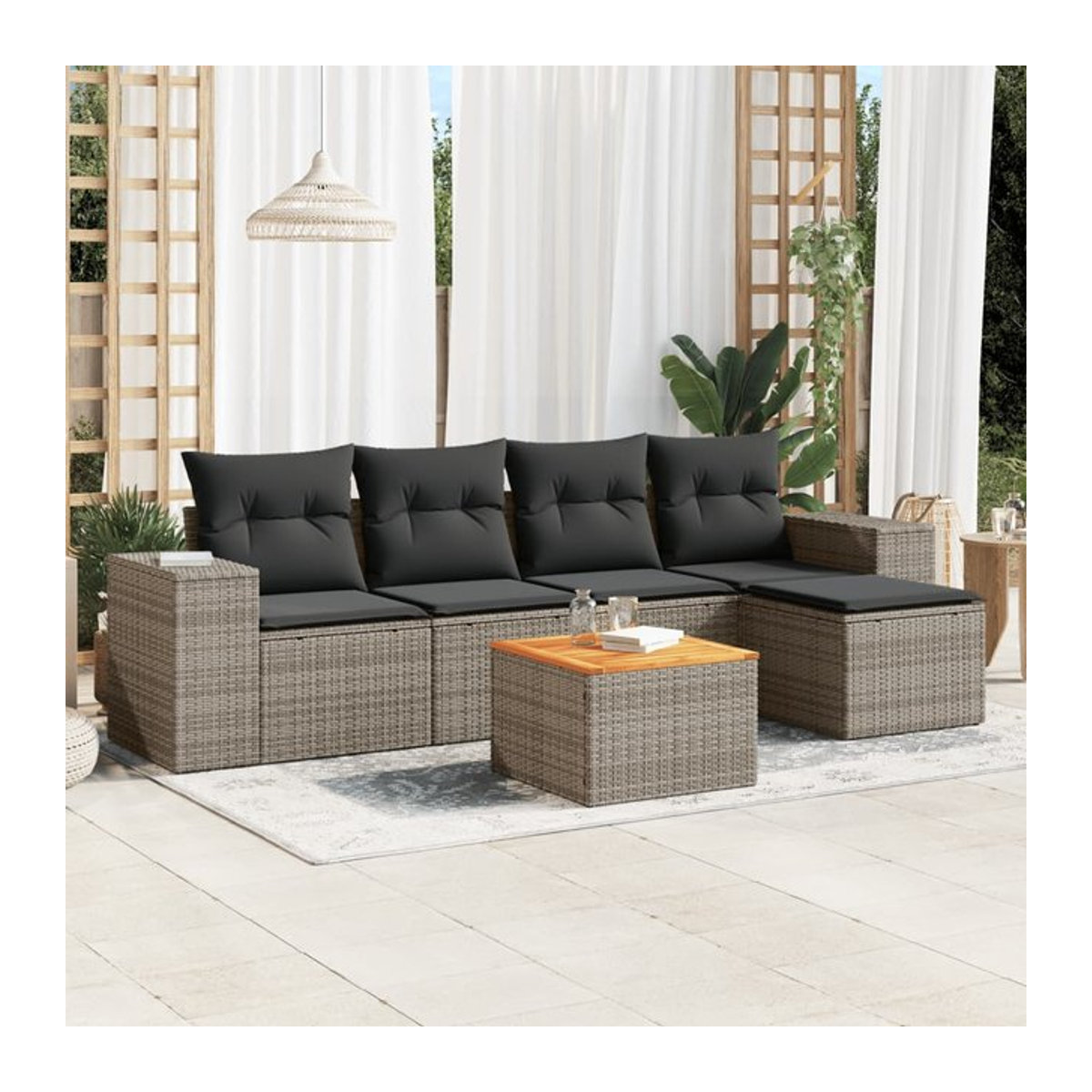 Vidaxl Gartenmöbel-Set aus Polyrattan und Akazie mit Kissen, 6-teilig, Grau - Bild 1