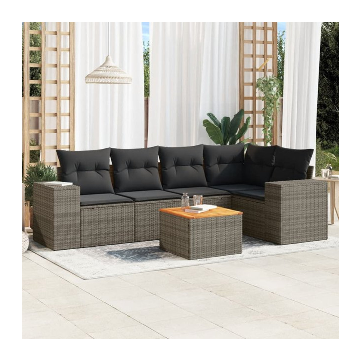Vidaxl Gartenmöbel-Set aus Polyrattan und Akazie mit Kissen, 6-teilig, Grau - Bild 1