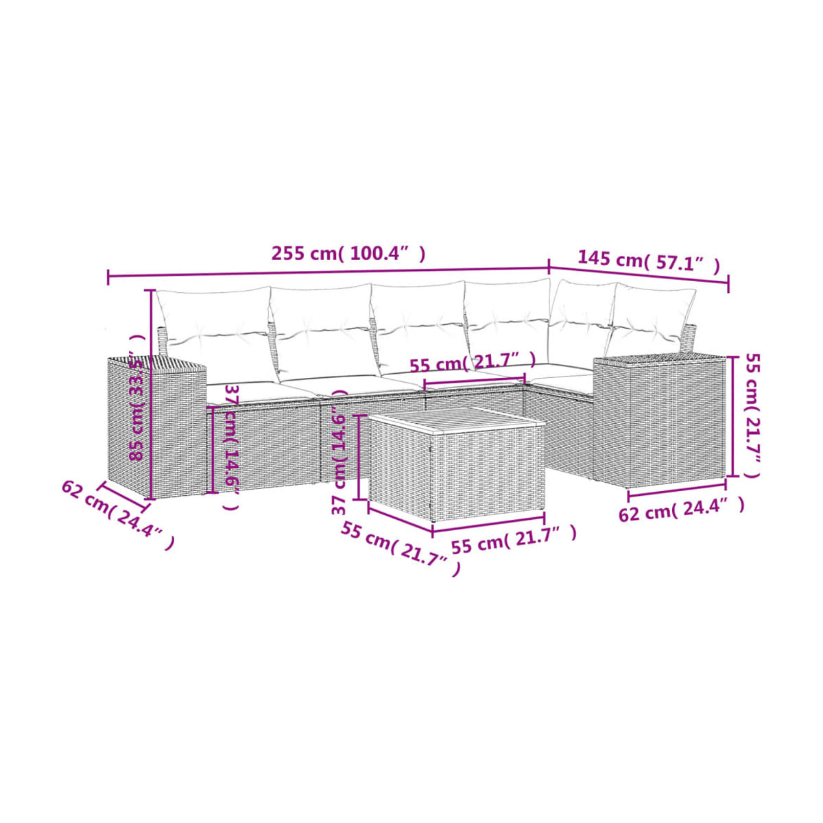 Vidaxl Gartenmöbel-Set aus Polyrattan und Akazie mit Kissen, 6-teilig, Grau - Bild 3