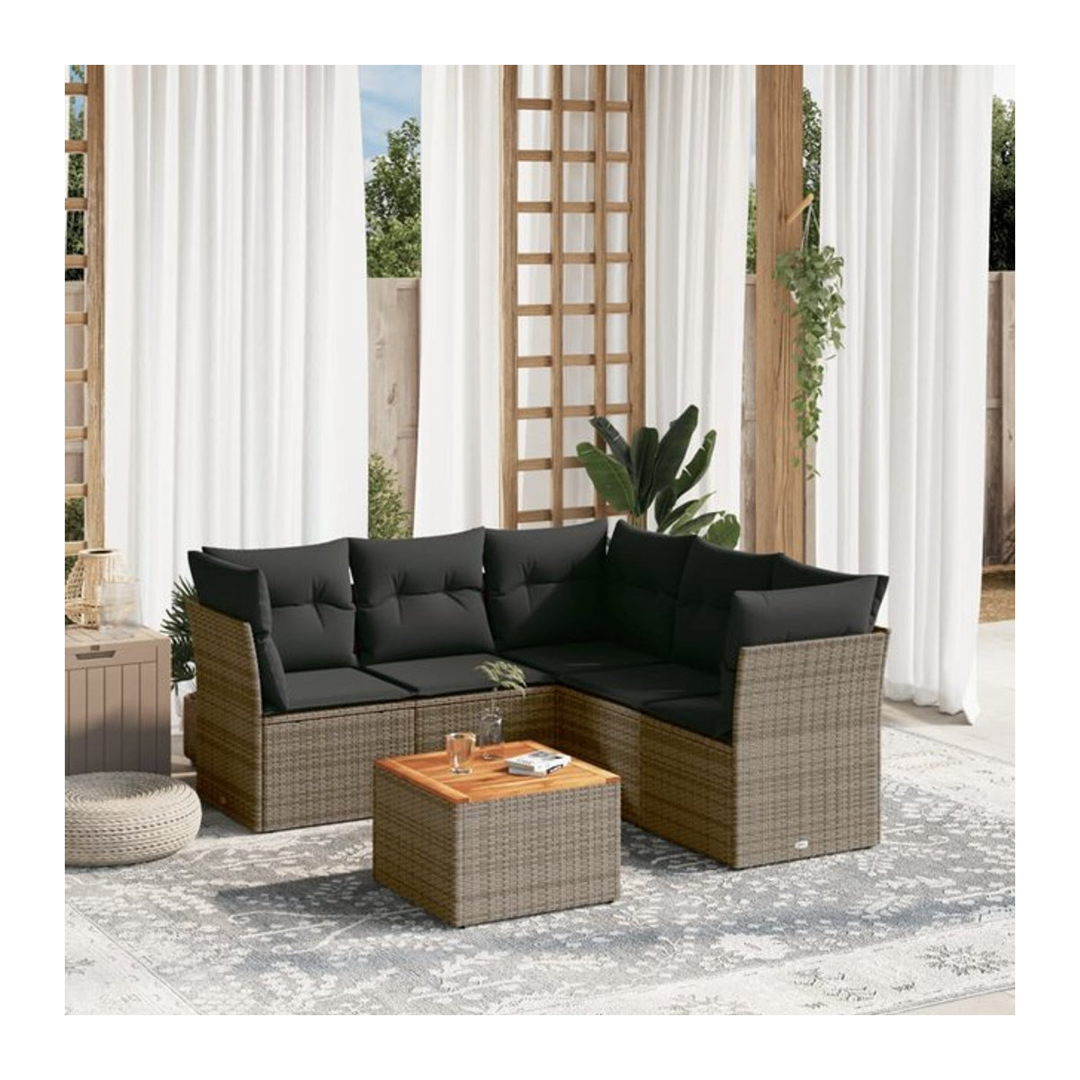 Vidaxl Gartenmöbel-Set aus Polyrattan und Akazie mit Kissen, 6-teilig, Grau - Bild 1