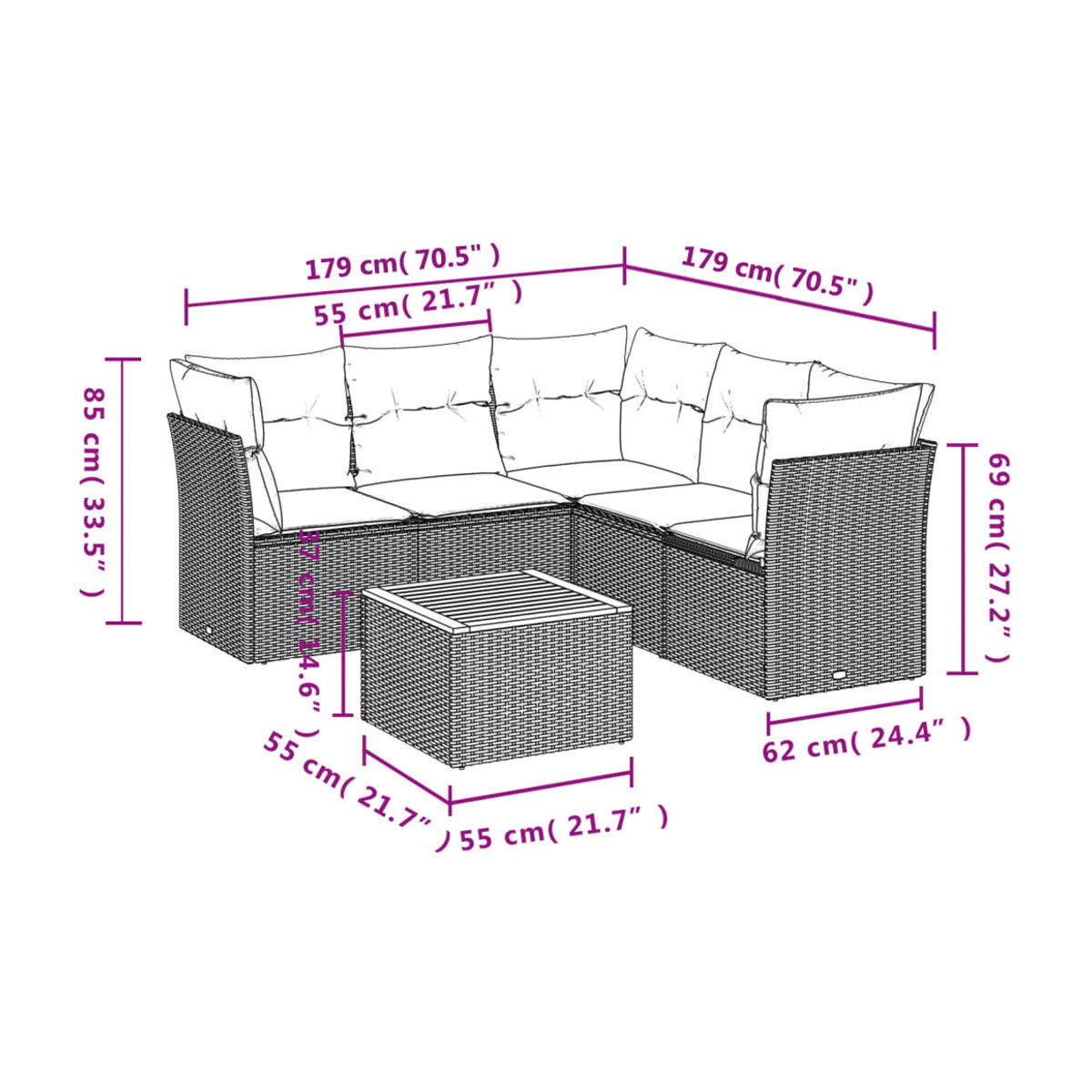 Vidaxl Gartenmöbel-Set aus Polyrattan und Akazie mit Kissen, 6-teilig, Grau - Bild 2