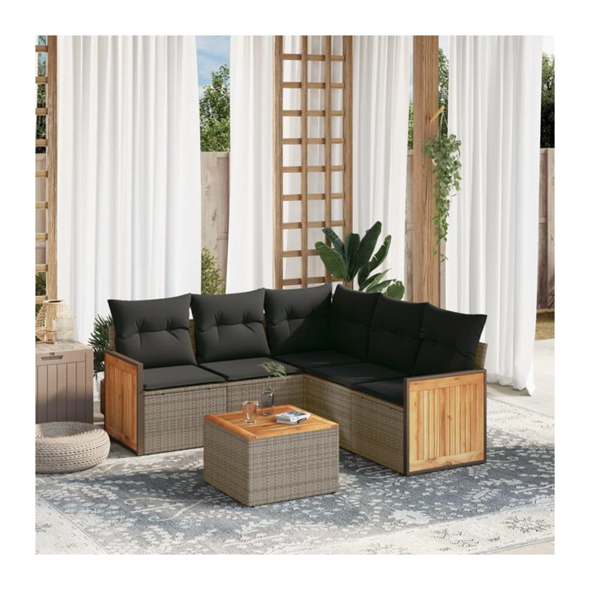 Vidaxl Gartenmöbel-Set aus Polyrattan und Akazie mit Kissen, 6-teilig, Grau - Bild 1