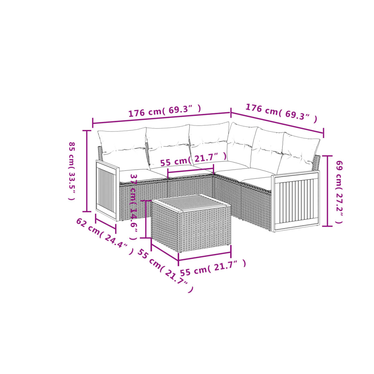 Vidaxl Gartenmöbel-Set aus Polyrattan und Akazie mit Kissen, 6-teilig, Grau - Bild 2