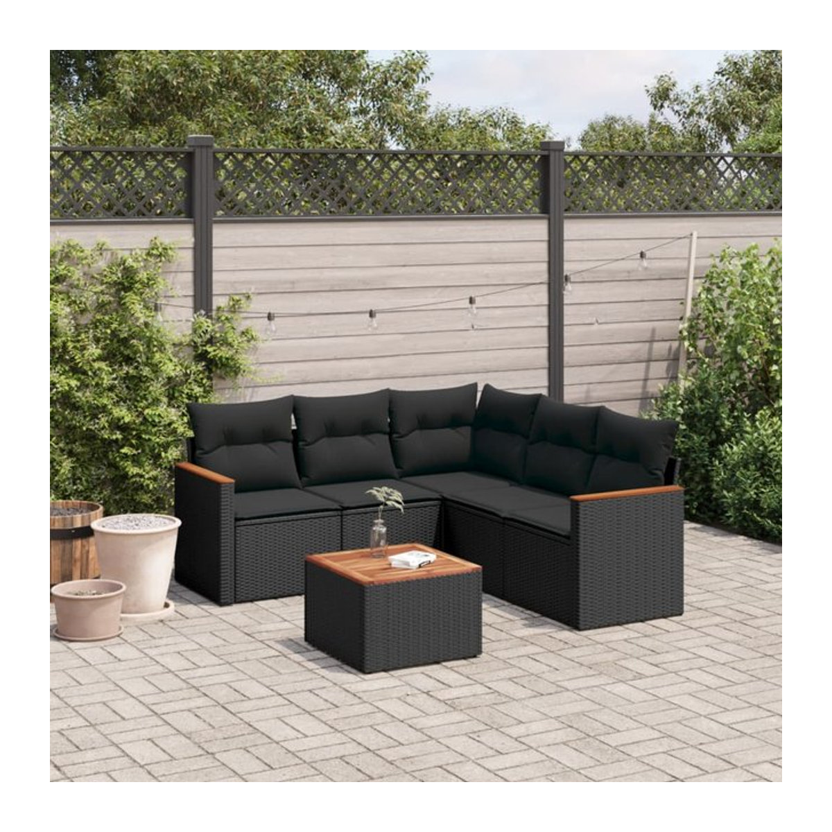 Vidaxl Gartenmöbel-Set aus Polyrattan und Akazie mit Kissen, 6-teilig, Schwarz - Bild 1