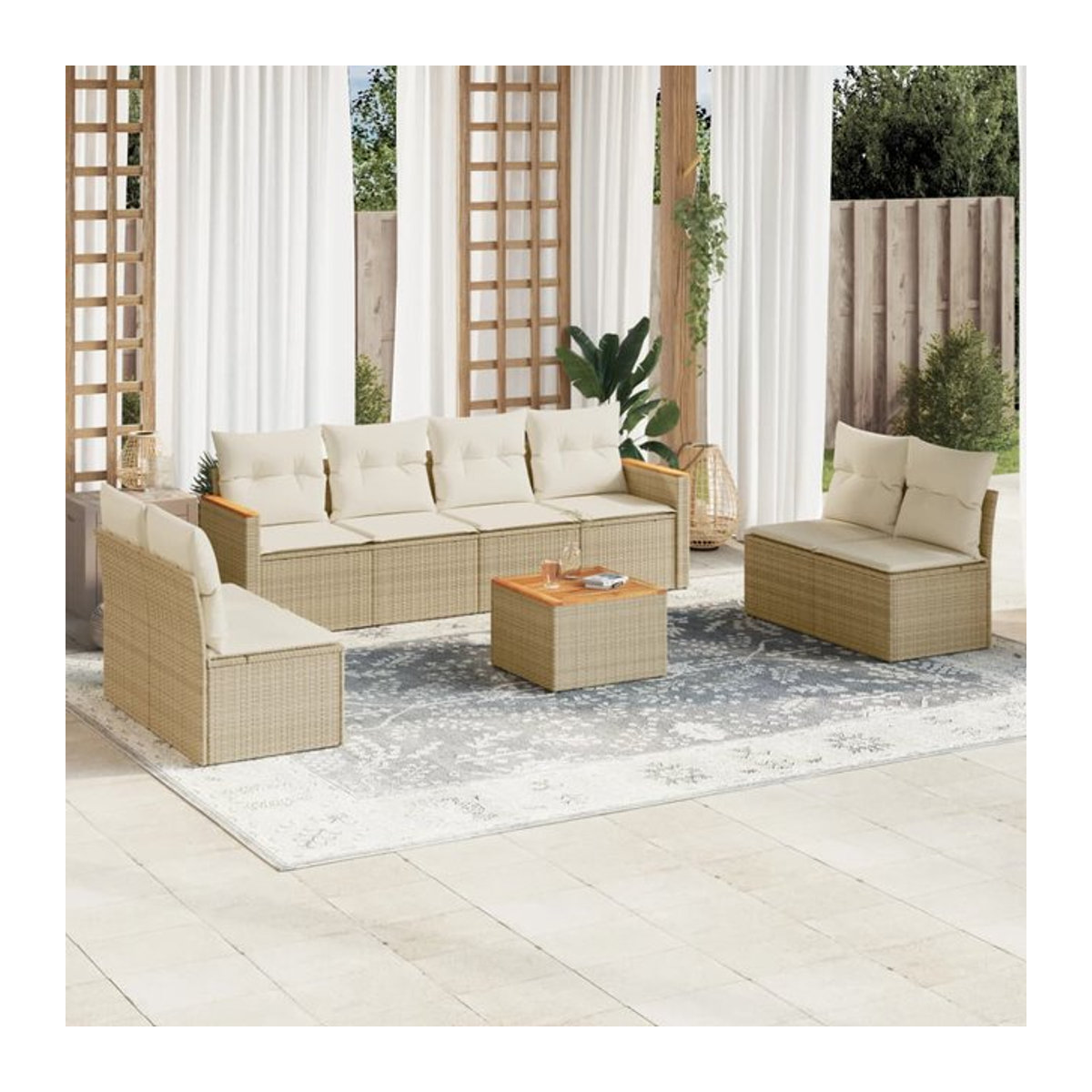 Vidaxl Gartenmöbel-Set aus Polyrattan und Akazie mit Kissen, 9-teilig, Beige - Bild 1