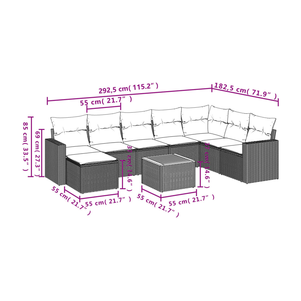 Vidaxl Gartenmöbel-Set aus Polyrattan und Akazie mit Kissen, 9-teilig, Beige - Bild 2