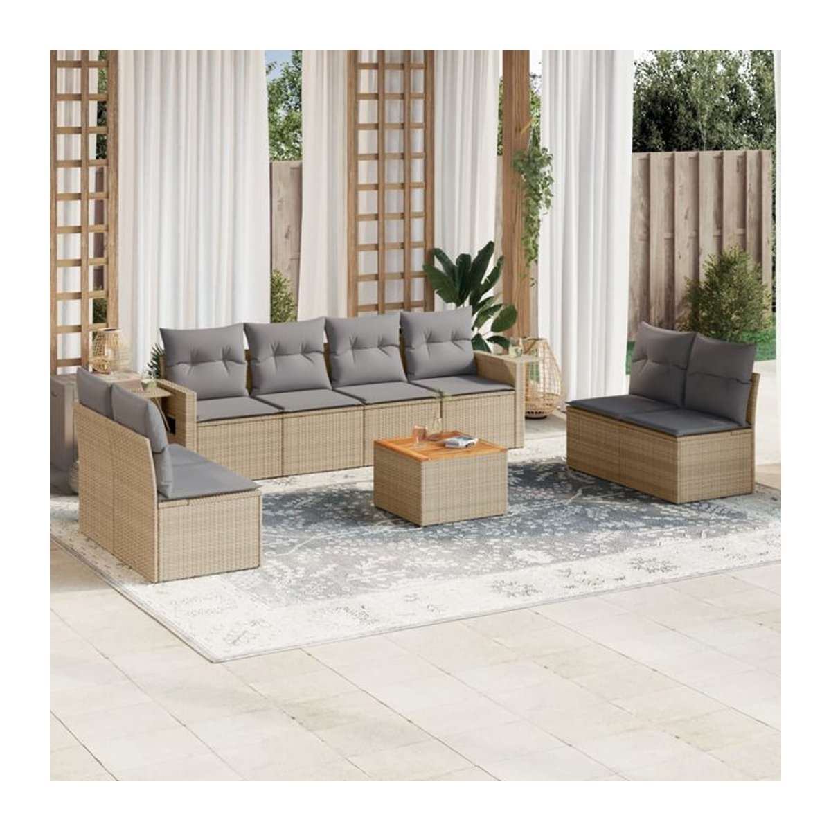 Vidaxl Gartenmöbel-Set aus Polyrattan und Akazie mit Kissen, 9-teilig, Beige - Bild 1
