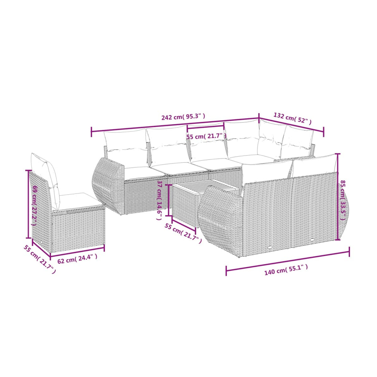 Vidaxl Gartenmöbel-Set aus Polyrattan und Akazie mit Kissen, 9-teilig, Beige - Bild 2