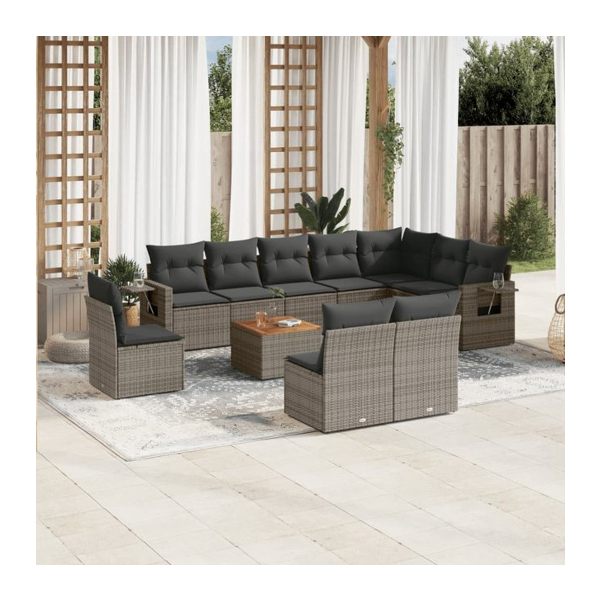 Vidaxl Gartenmöbel-Set aus Polyrattan und Akazie mit Kissen, Grau, 11-teilig - Bild 1
