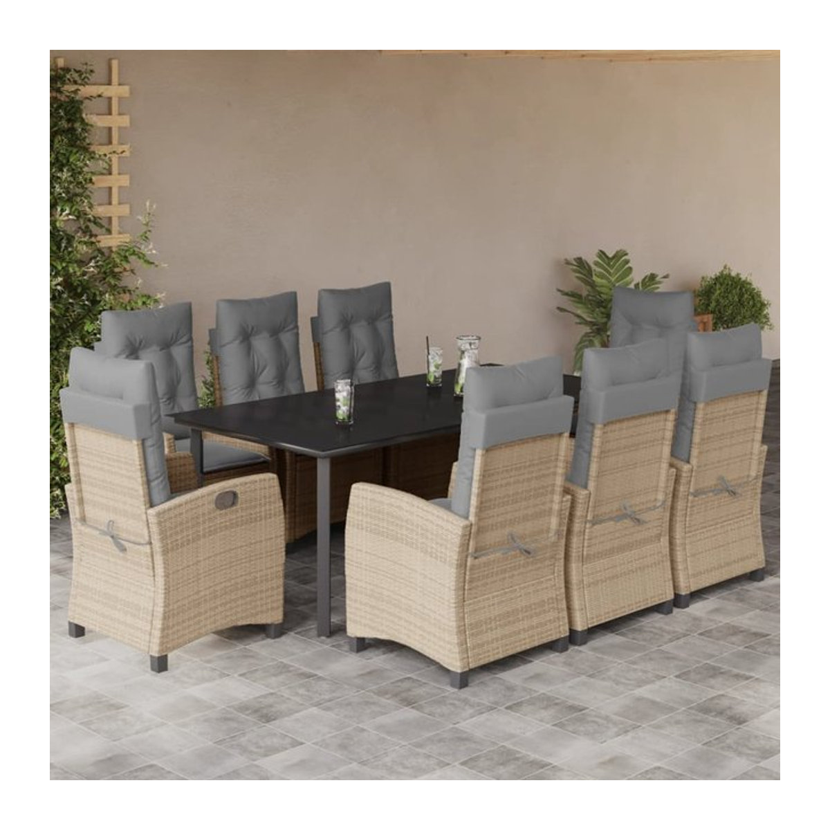 Vidaxl Gartenmöbel-Set aus Rattan mit Kissen und Glastisch in Beige, 9-teilig - Bild 1