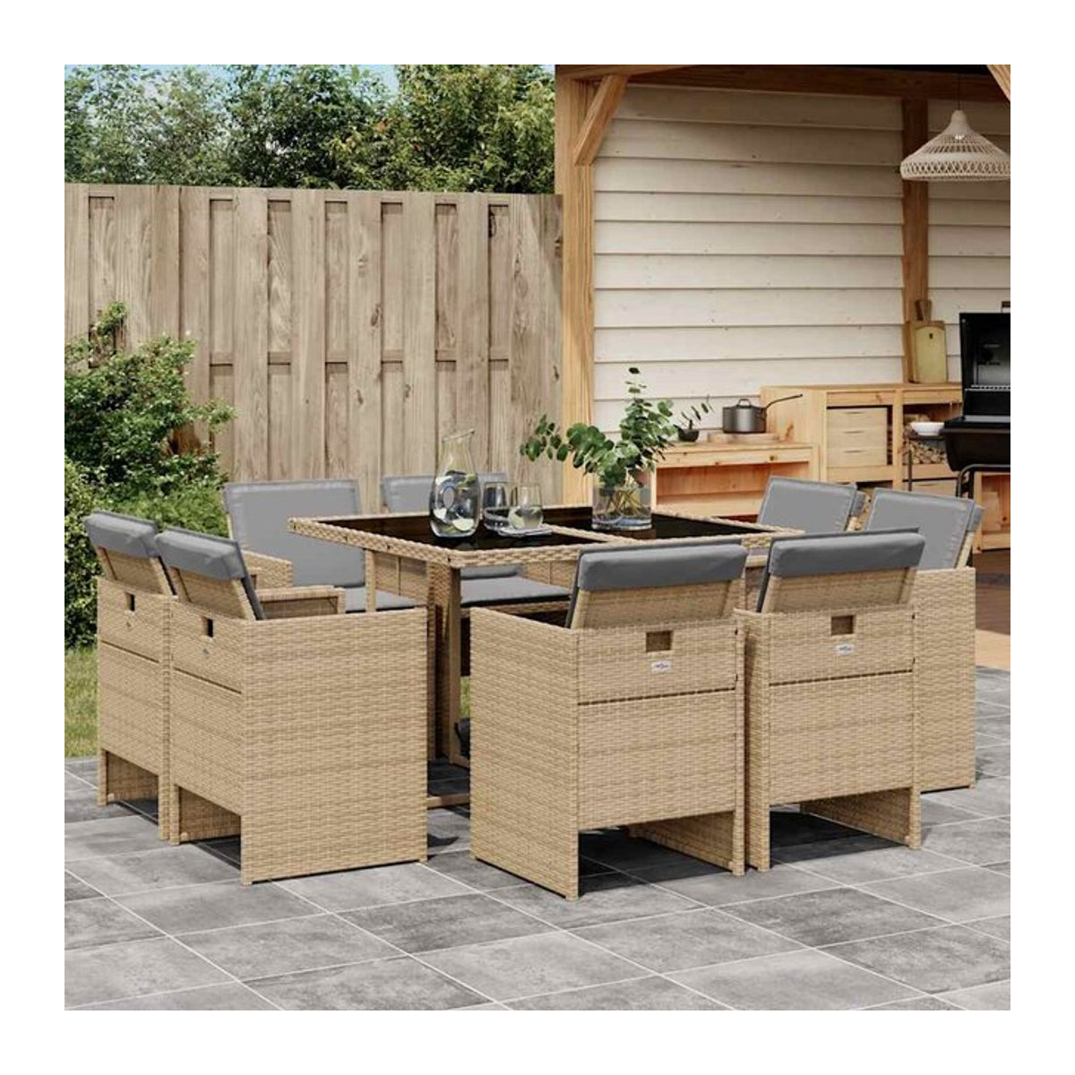 Vidaxl Gartenmöbel-Set aus Rattan mit Kissen und Glastisch in Beige, 9-teilig, modern - Bild 1