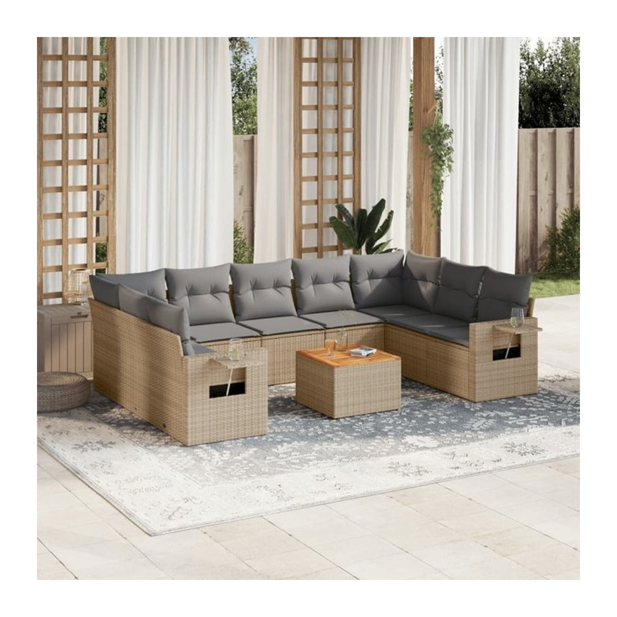 Vidaxl Gartenmöbel-Set aus Rattan und Holz mit 10-teiligem Kissen-Set in Beige, modern - Bild 1