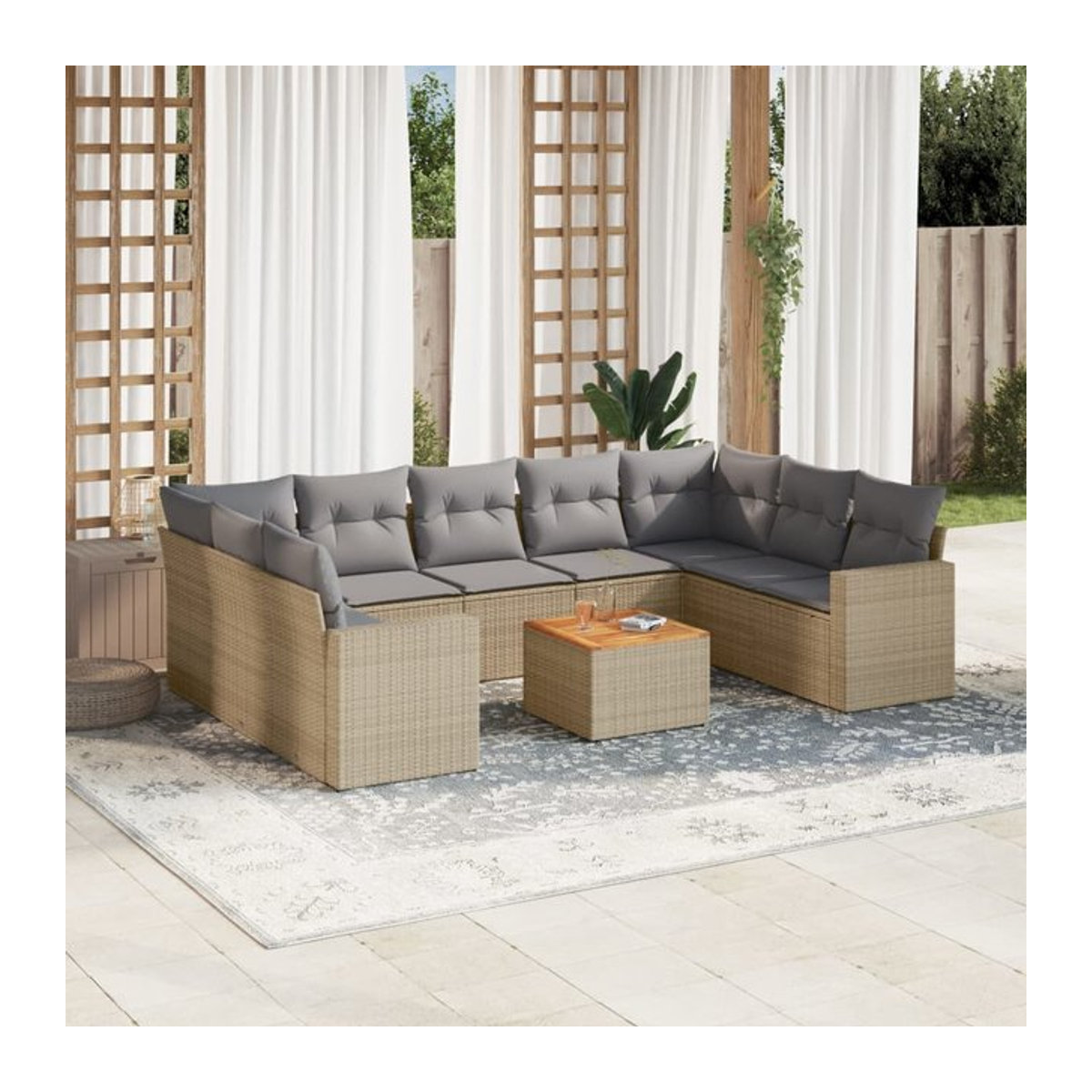 Vidaxl Gartenmöbel-Set aus Rattan und Holz mit 10-teiligem Kissen-Set in Beige, modern - Bild 1