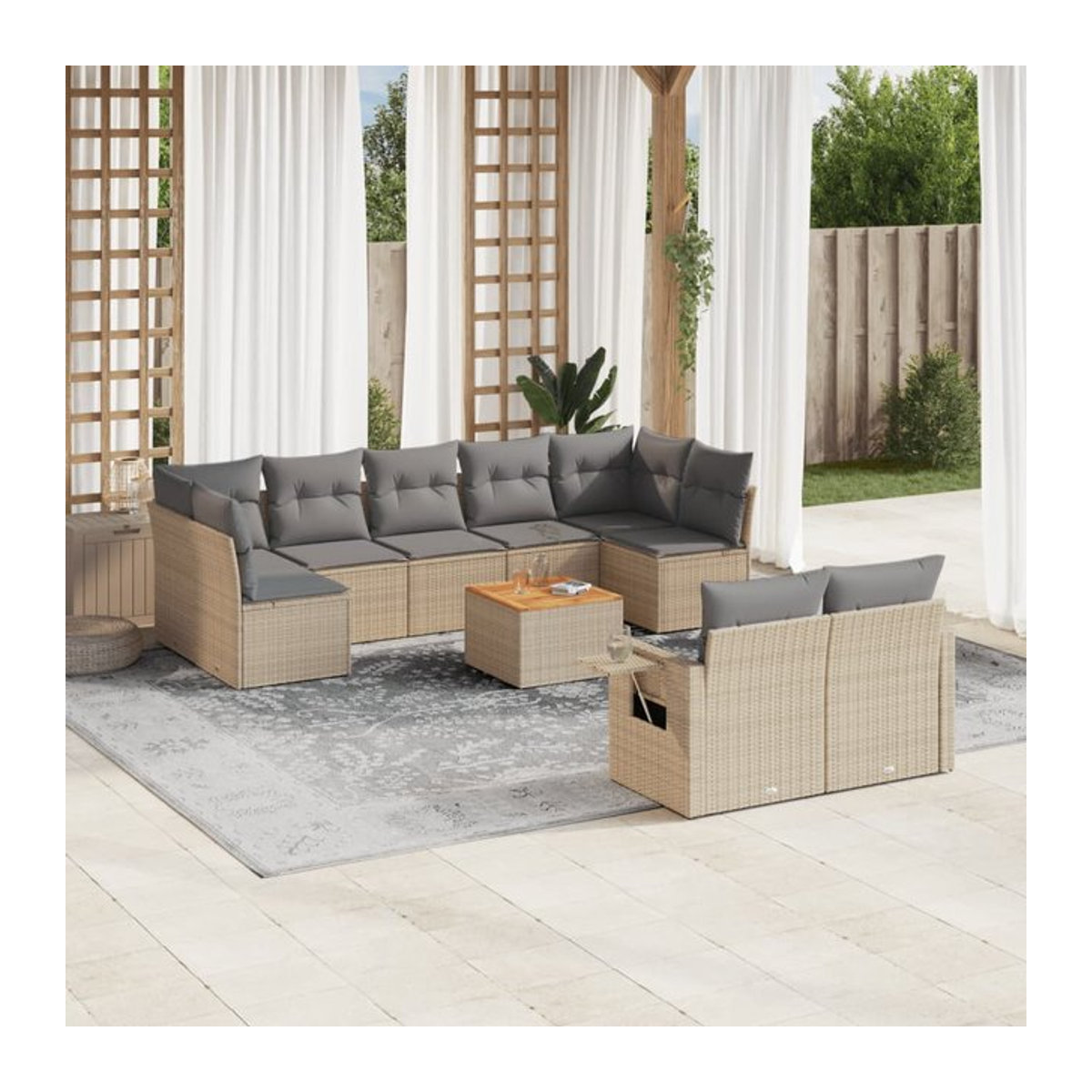 Vidaxl Gartenmöbel-Set aus Rattan und Holz mit 10-teiligem Kissen-Set in Beige und Grau - Bild 1