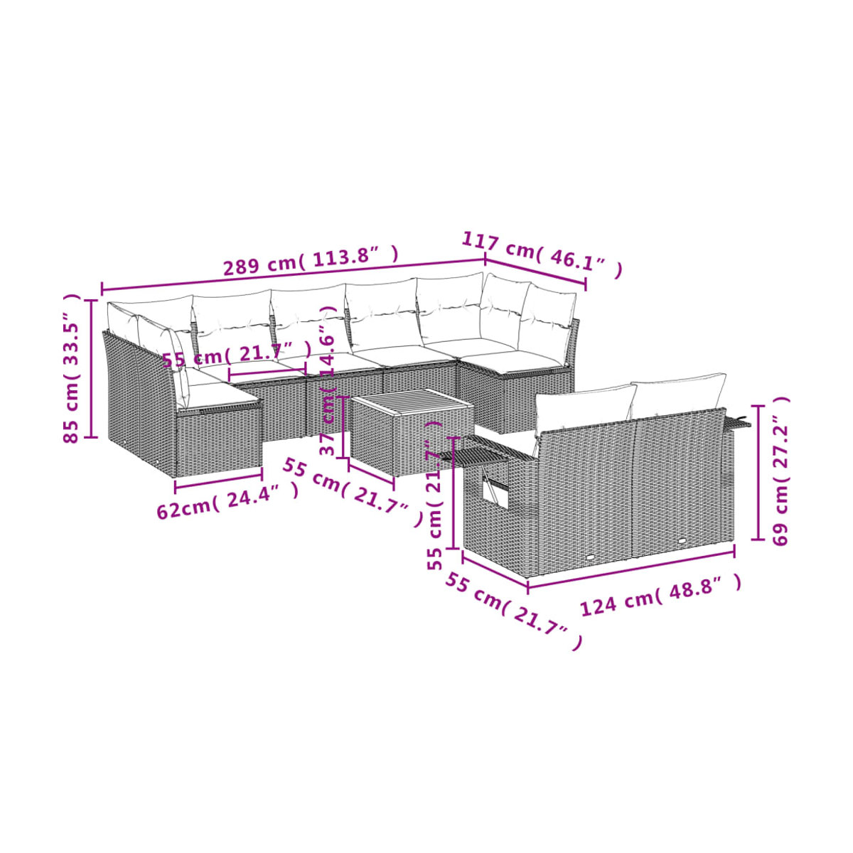 Vidaxl Gartenmöbel-Set aus Rattan und Holz mit 10-teiligem Kissen-Set in Beige und Grau - Bild 2