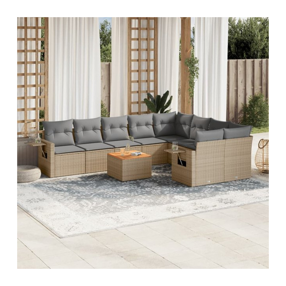 Vidaxl Gartenmöbel-Set aus Rattan und Holz mit 10-teiligem Kissen-Set in Beige und Grau - Bild 1