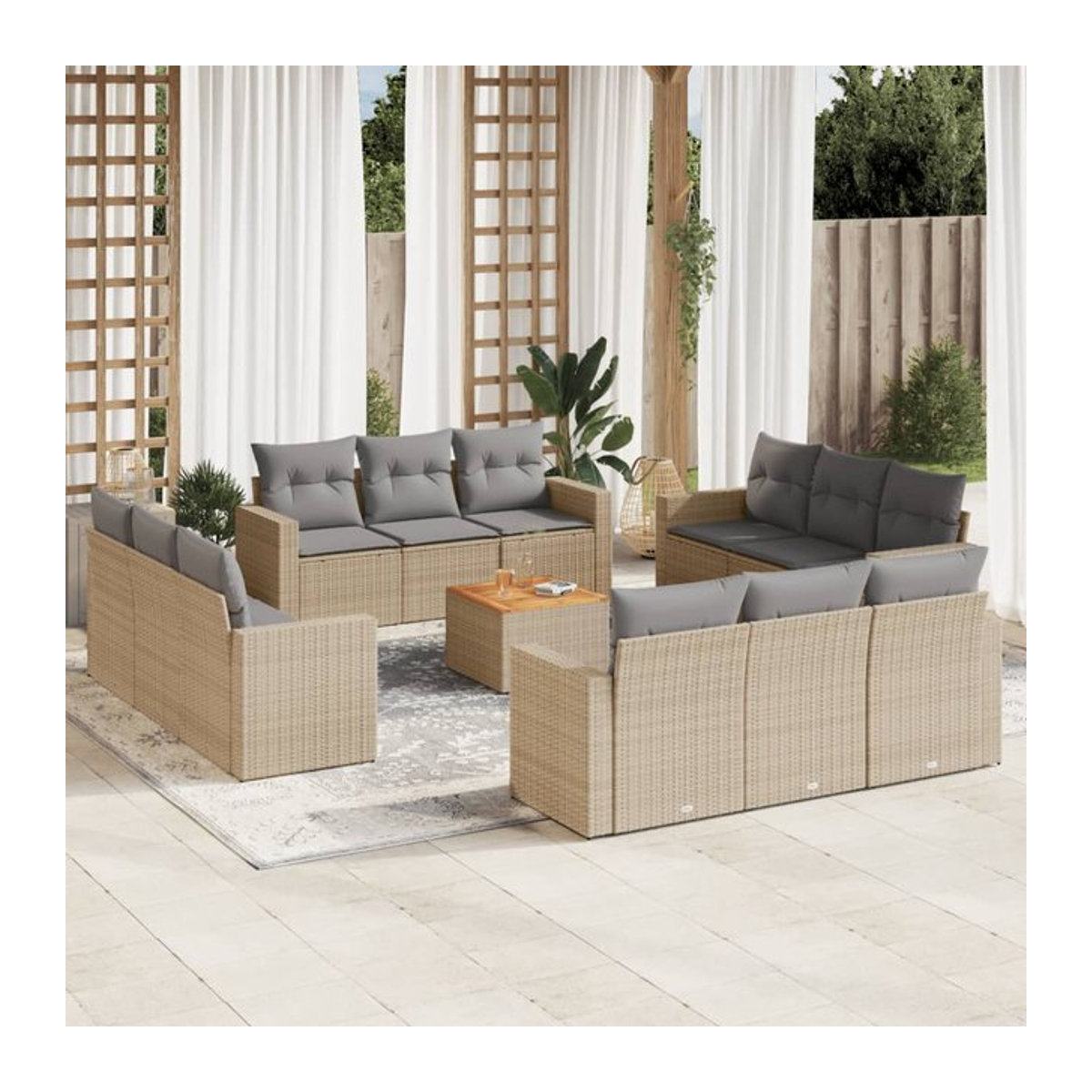 Vidaxl Gartenmöbel-Set aus Rattan und Holz mit 13-teiligem Kissen-Set in Beige - Bild 1