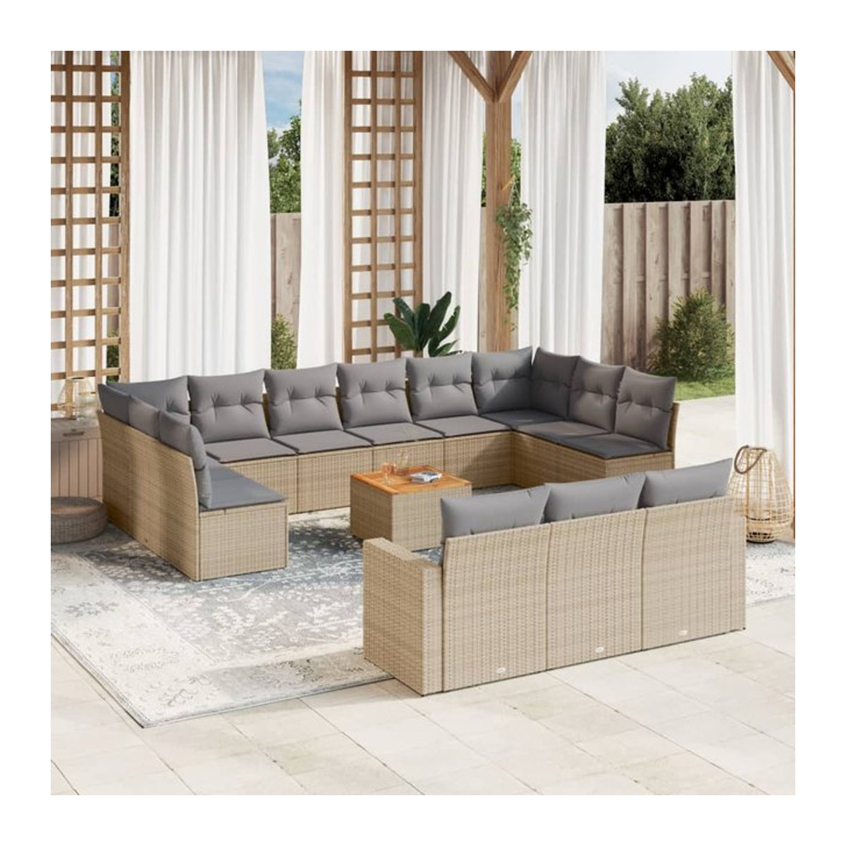 Vidaxl Gartenmöbel-Set aus Rattan und Holz mit 14-teiligen Kissen in Beige, modern - Bild 1