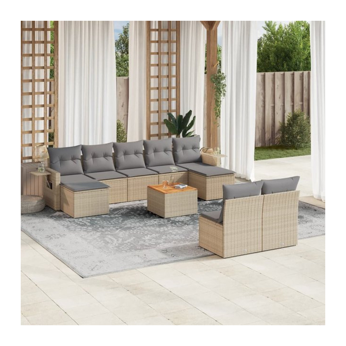 Vidaxl Gartenmöbel-Set aus Rattan und Holz mit Kissen, 10-teilig, Beige und Grau, modern - Bild 1