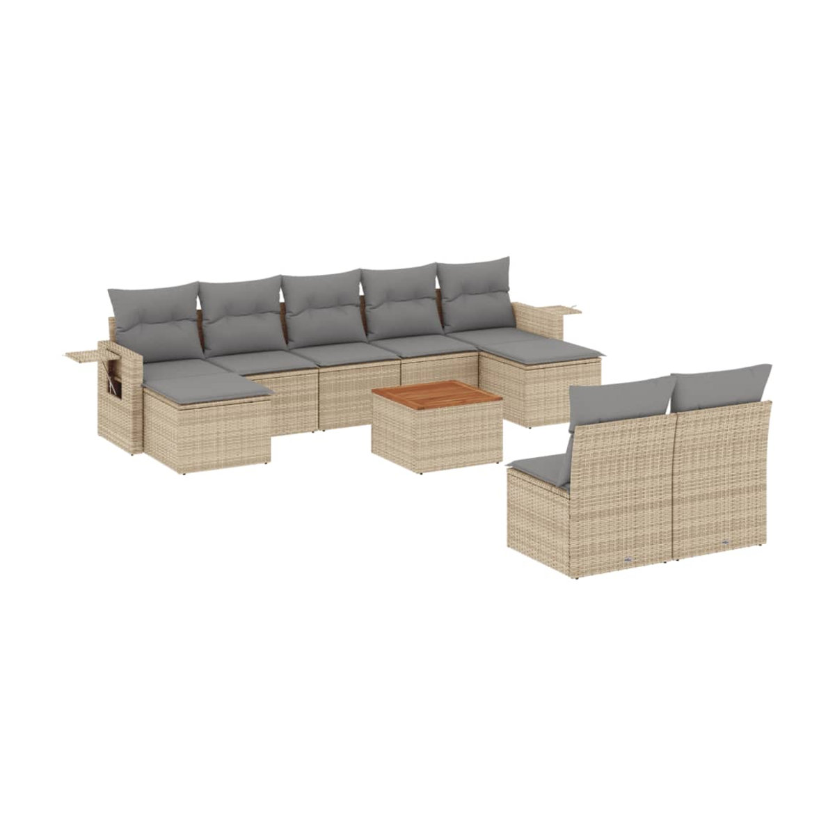 Vidaxl Gartenmöbel-Set aus Rattan und Holz mit Kissen, 10-teilig, Beige und Grau, modern - Bild 2
