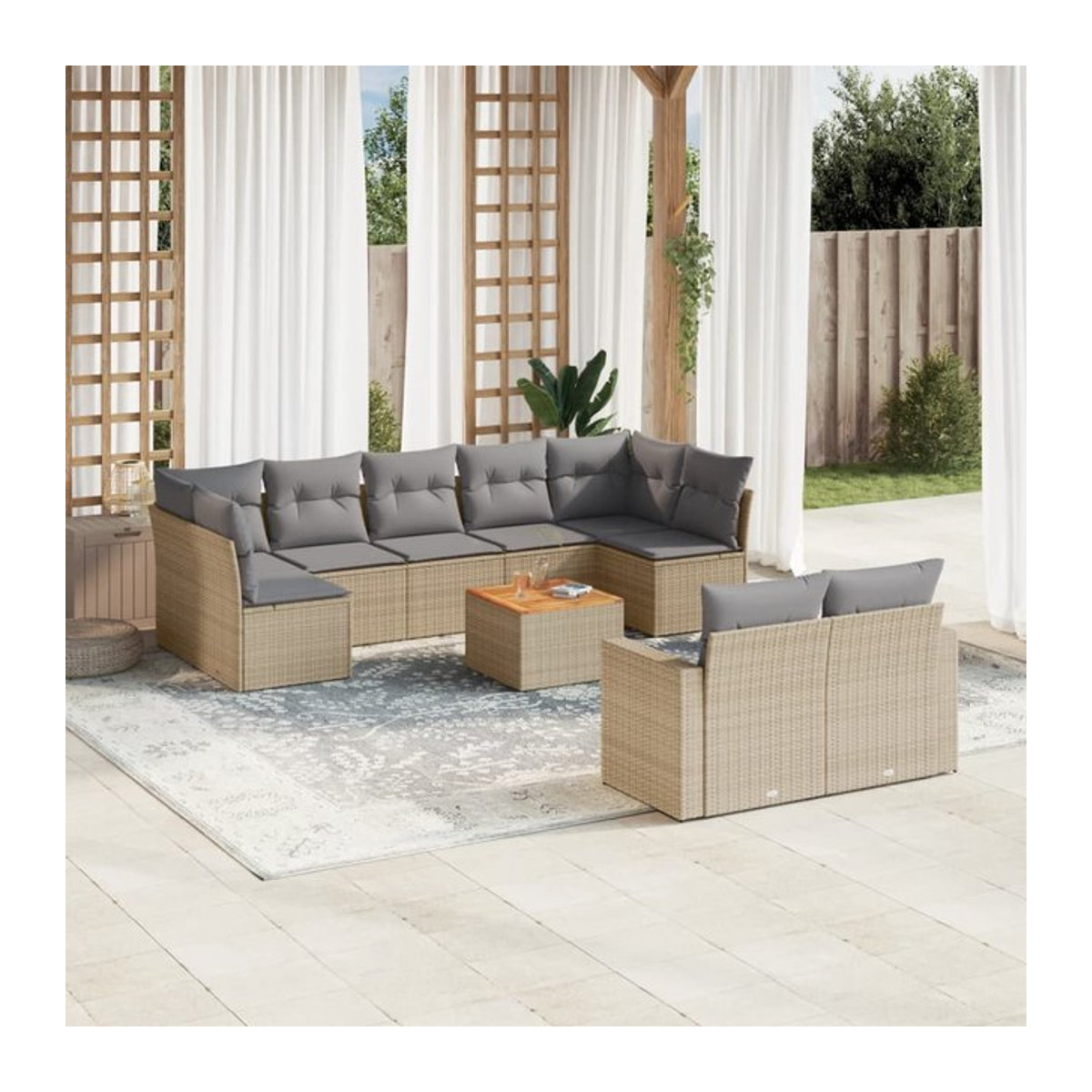 Vidaxl Gartenmöbel-Set aus Rattan und Holz mit Kissen, 10-teilig, Beige und Grau, Modernes Design - Bild 1