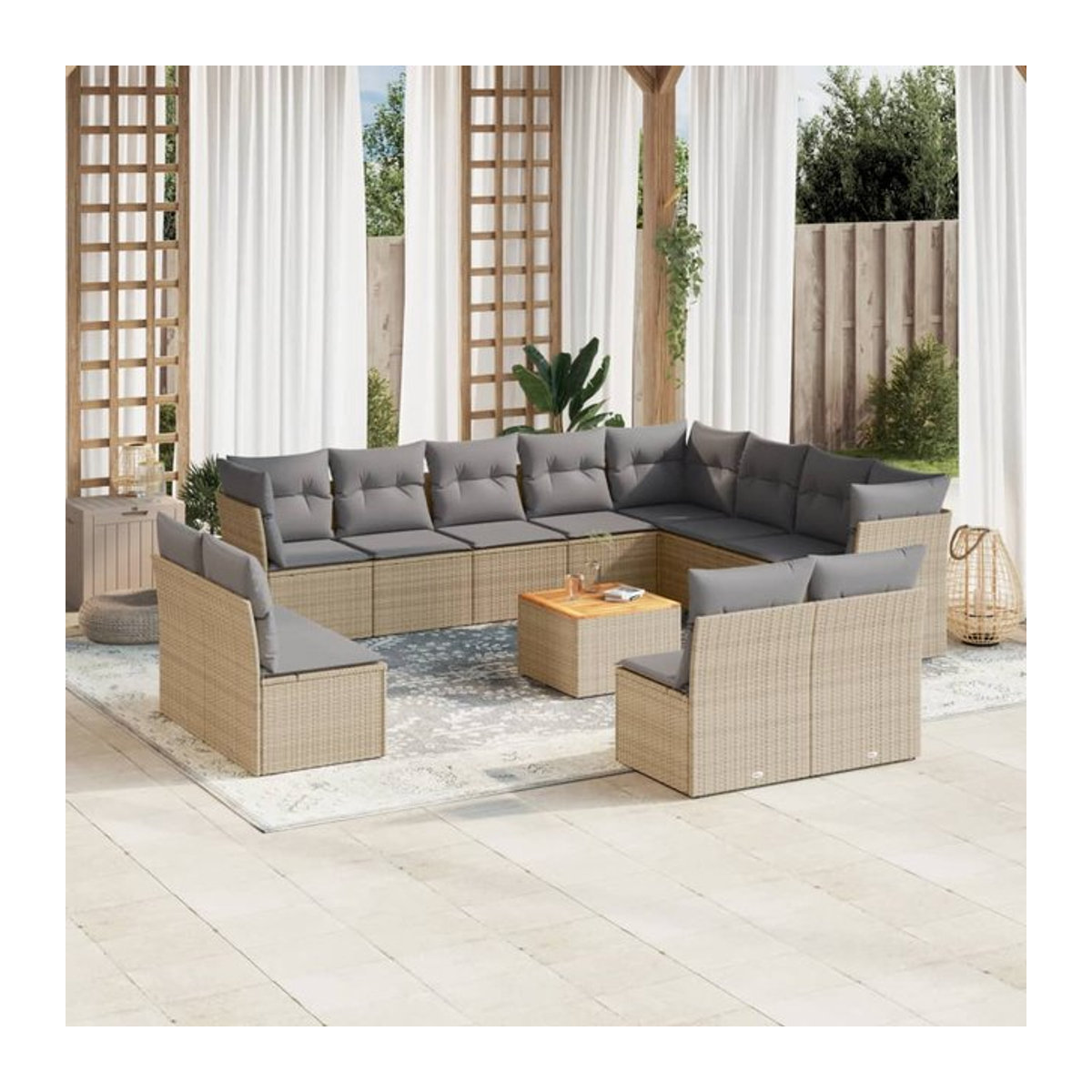 Vidaxl Gartenmöbel-Set aus Rattan und Holz mit Kissen, 13-teilig, modern, Beige und Grau - Bild 1