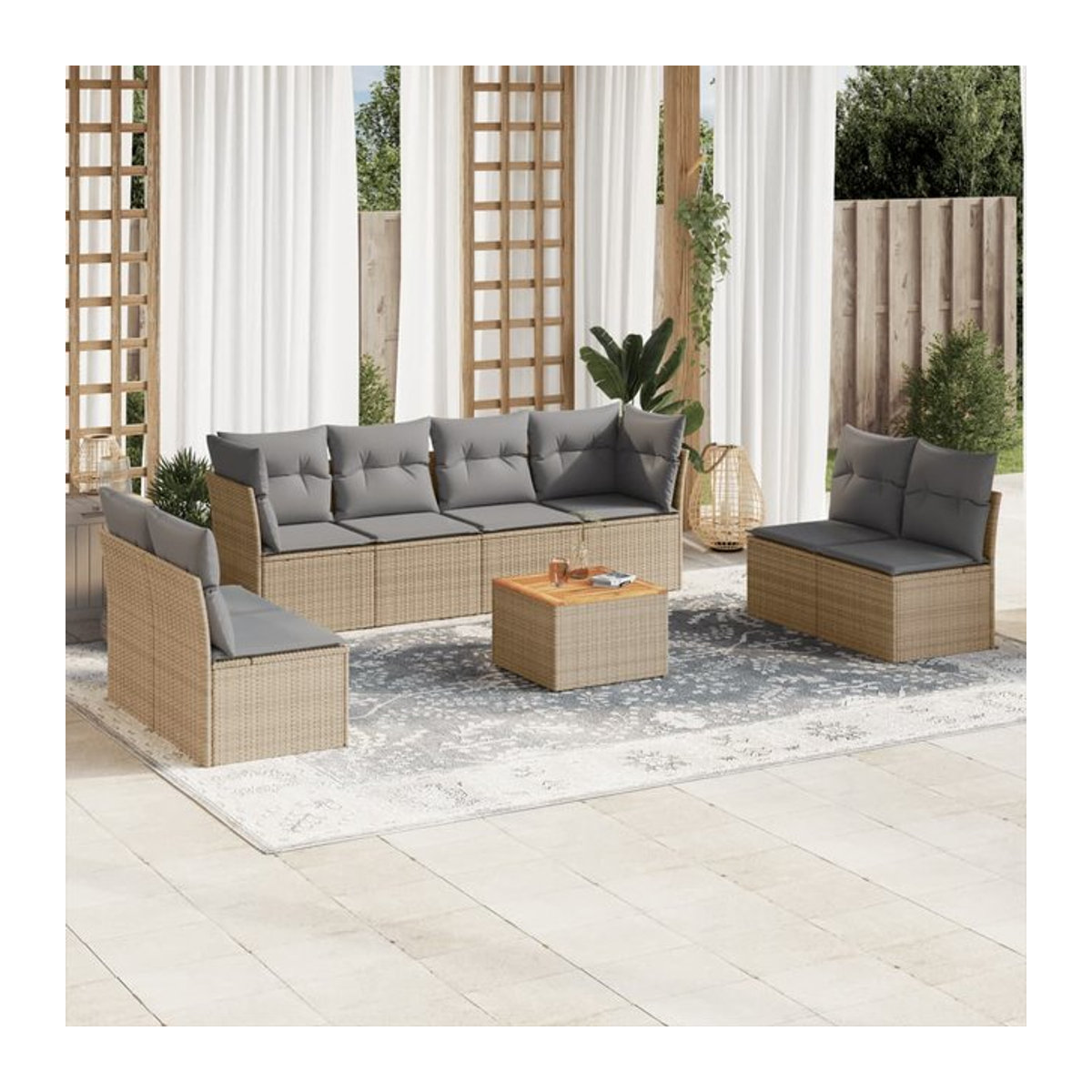Vidaxl Gartenmöbel-Set aus Rattan und Holz mit Kissen, 9-teilig, Beige, Modernes Design - Bild 1