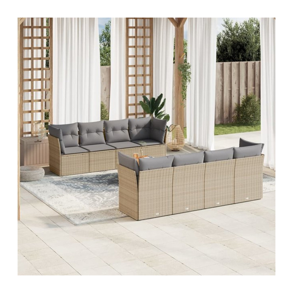 Vidaxl Gartenmöbel-Set aus Rattan und Holz mit Kissen, 9-teilig, Beige, Modernes Design - Bild 1