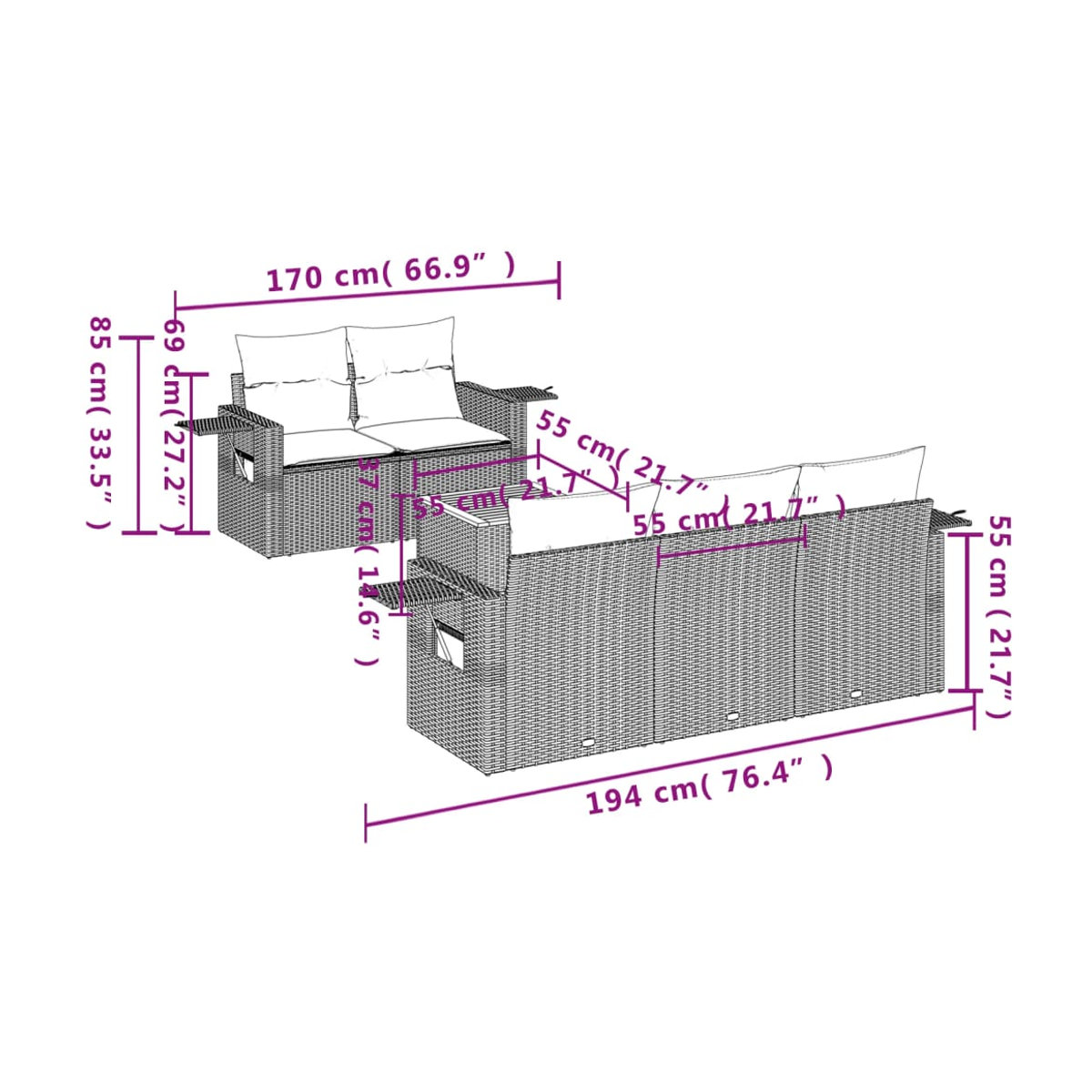 Vidaxl Gartenmöbel-Set aus schwarzem Polyrattan mit Kissen für 6 Personen im modernen Design - Bild 2