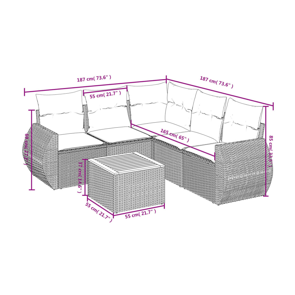 Vidaxl Gartenmöbel-Set aus schwarzem Polyrattan mit Kissen für 6 Personen im modernen Design - Bild 3