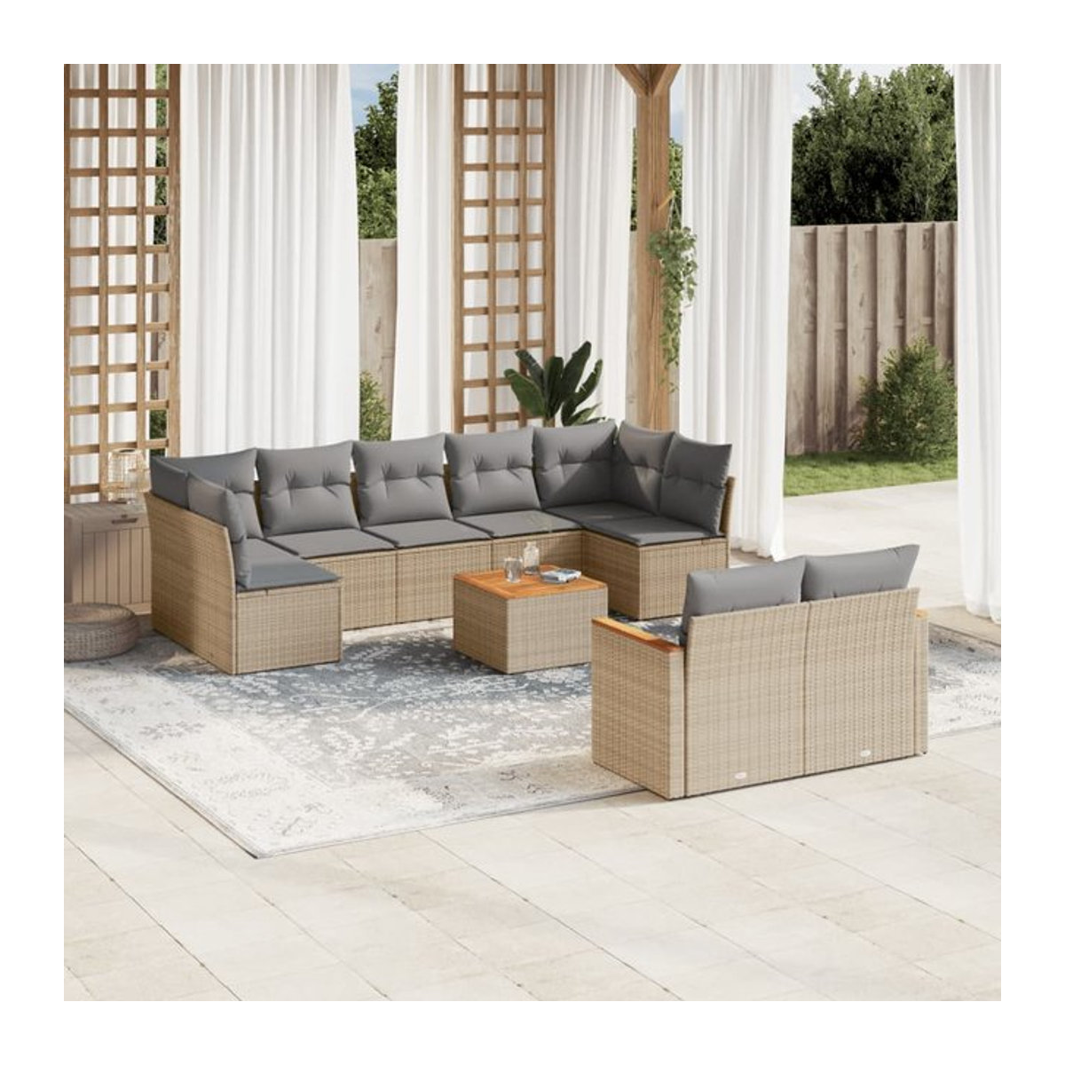 Vidaxl Gartenmöbel-Set mit 10 Teilen und Kissen in Beige aus Rattan, Holz und Metall - Bild 1