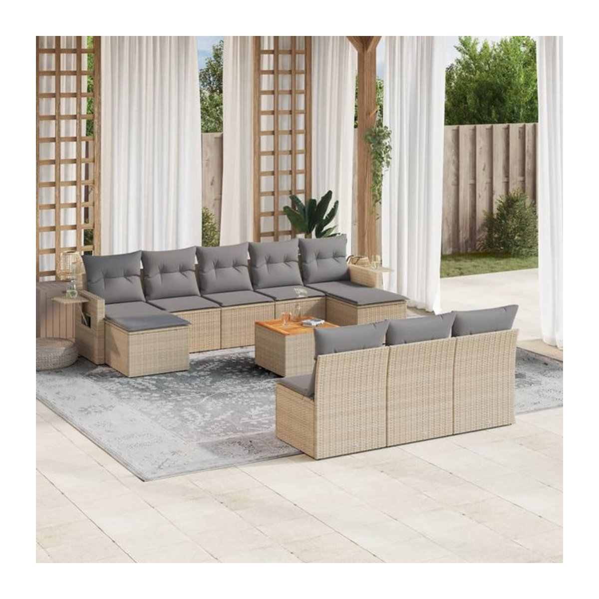 Vidaxl Gartenmöbel-Set mit 11 Teilen und Kissen aus Rattan und Holz in Beige und Grau im modernen Design - Bild 1