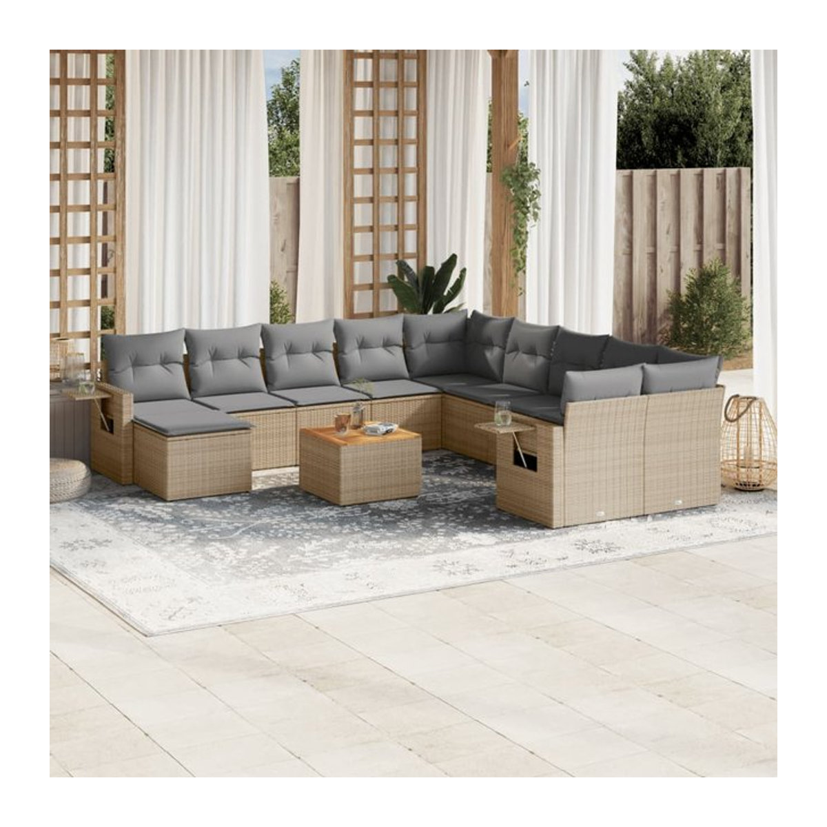 Vidaxl Gartenmöbel-Set mit 12 Teilen und Kissen aus Rattan und Holz in Beige und Grau im modernen Design - Bild 1