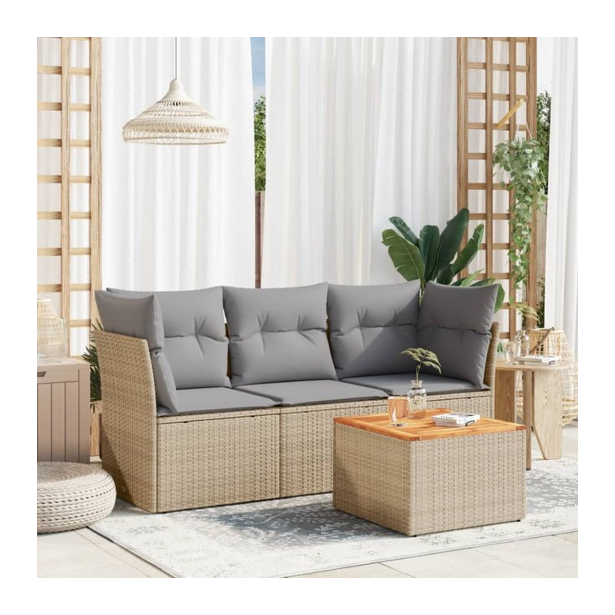 Vidaxl Gartenmöbel-Set mit 4 Teilen und Kissen aus Rattan und Holz in Beige und Grau - Bild 1