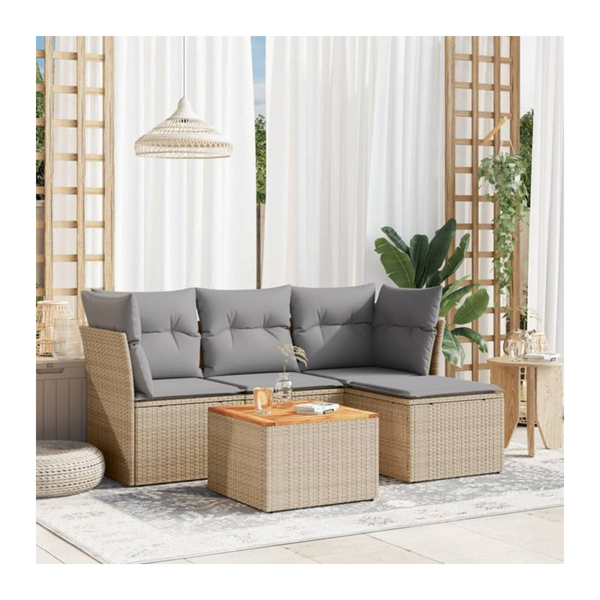 Vidaxl Gartenmöbel-Set mit 5 Teilen und Kissen aus Rattan und Holz in Beige und Grau - Bild 1