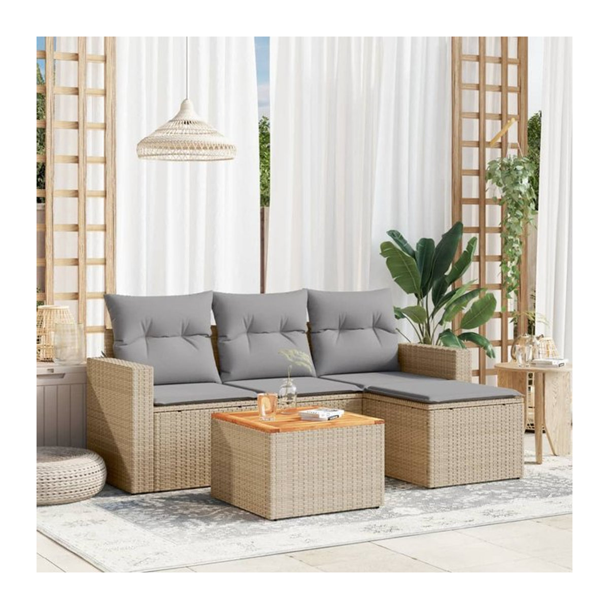 Vidaxl Gartenmöbel-Set mit 5 Teilen und Kissen aus Rattan und Holz in Beige und Grau - Bild 1