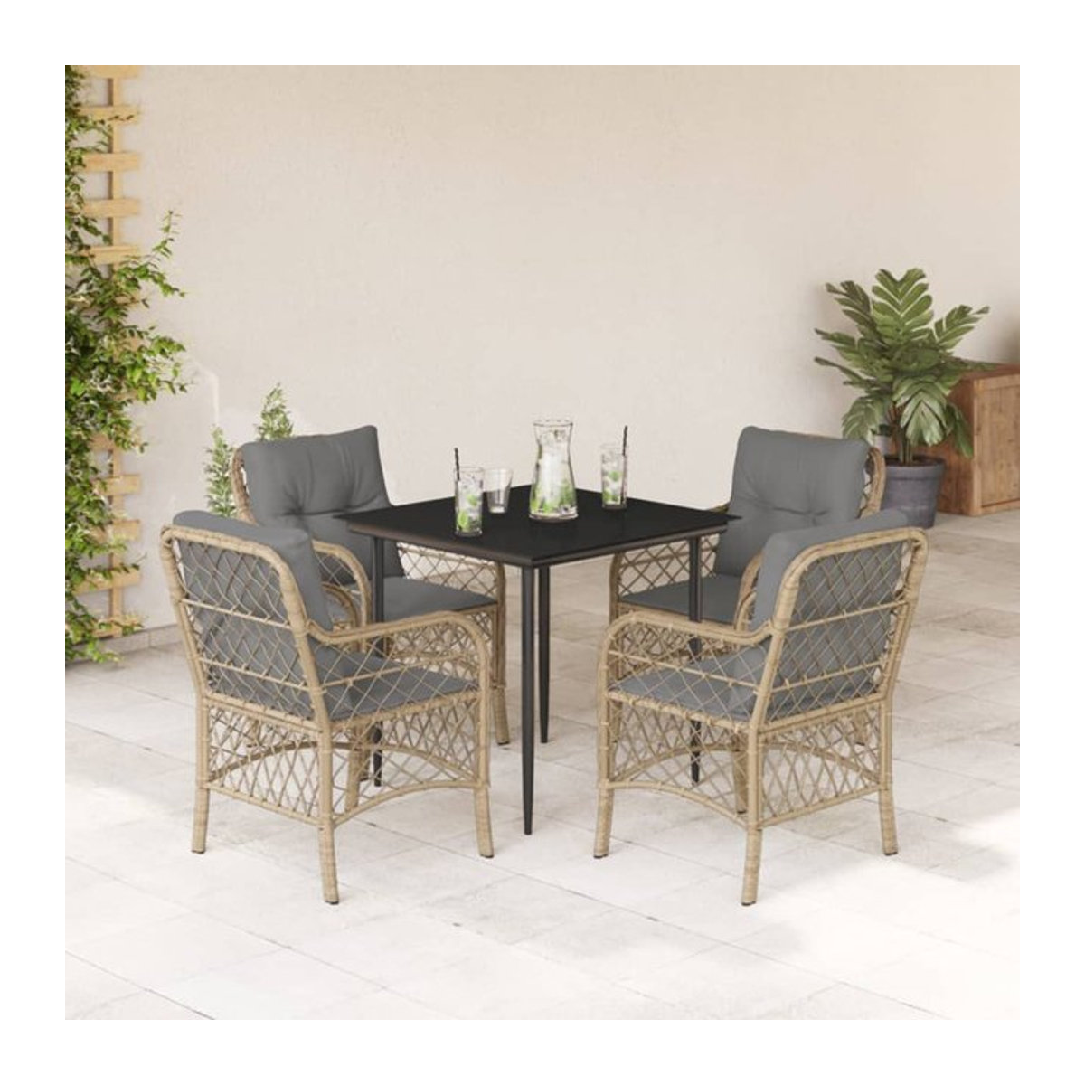 Vidaxl Gartenmöbel-Set mit 5 Teilen und Kissen in Beige aus Rattan und Metall mit Glastisch - Bild 1