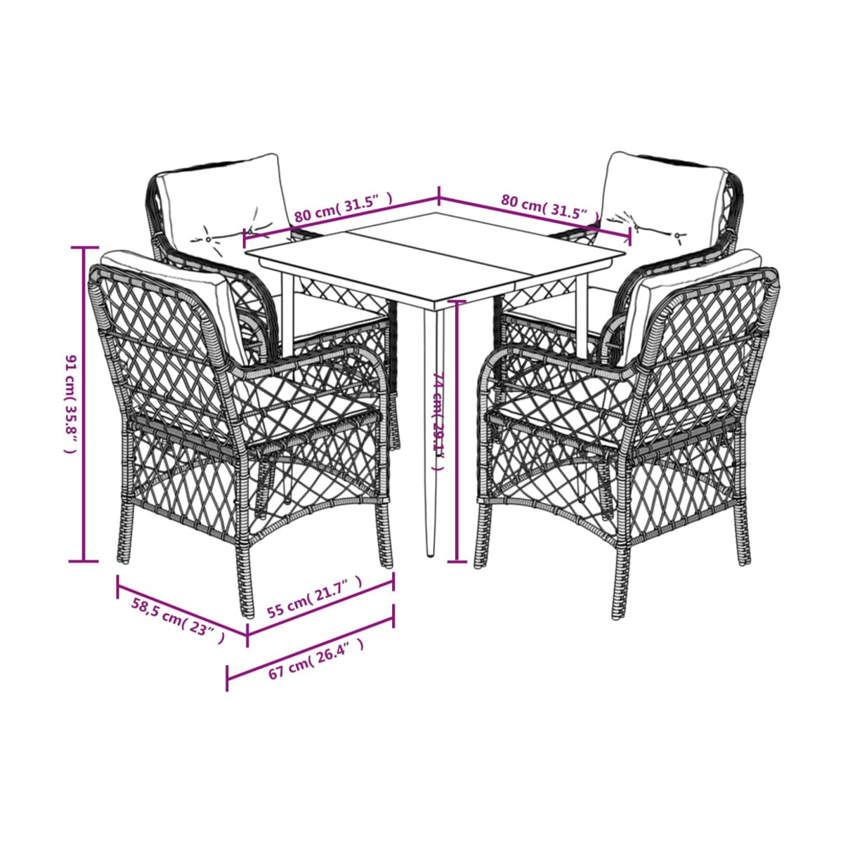 Vidaxl Gartenmöbel-Set mit 5 Teilen und Kissen in Beige aus Rattan und Metall mit Glastisch - Bild 2