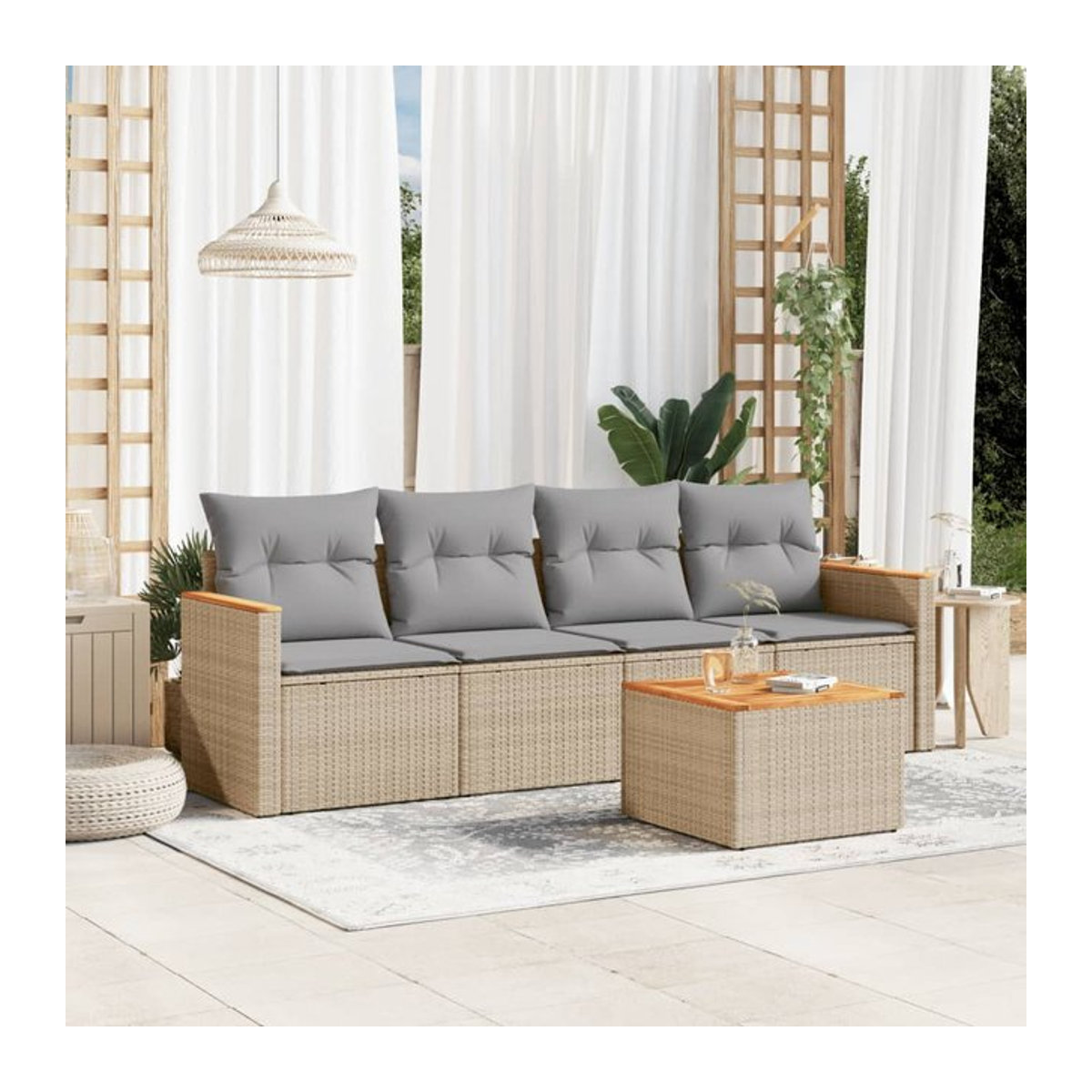 Vidaxl Gartenmöbel-Set mit 5 Teilen und Kissen in Beige und Grau aus Rattan, Holz und Metall - Bild 1