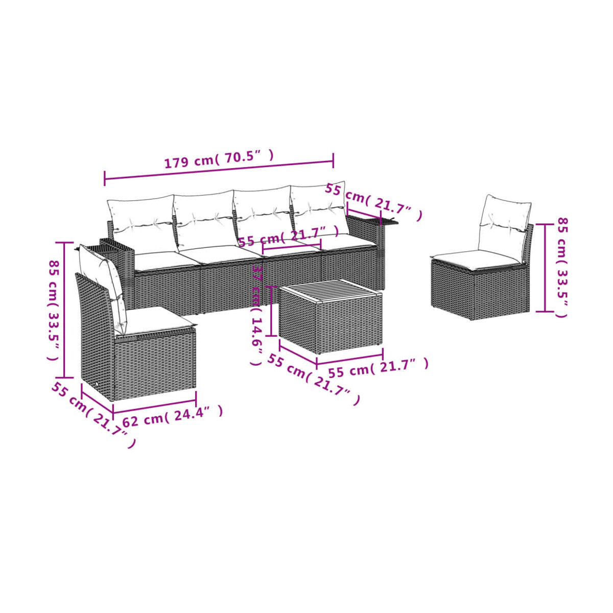 Vidaxl Gartenmöbel-Set mit 7 Teilen und Kissen aus Rattan und Holz in Beige, modern - Bild 2