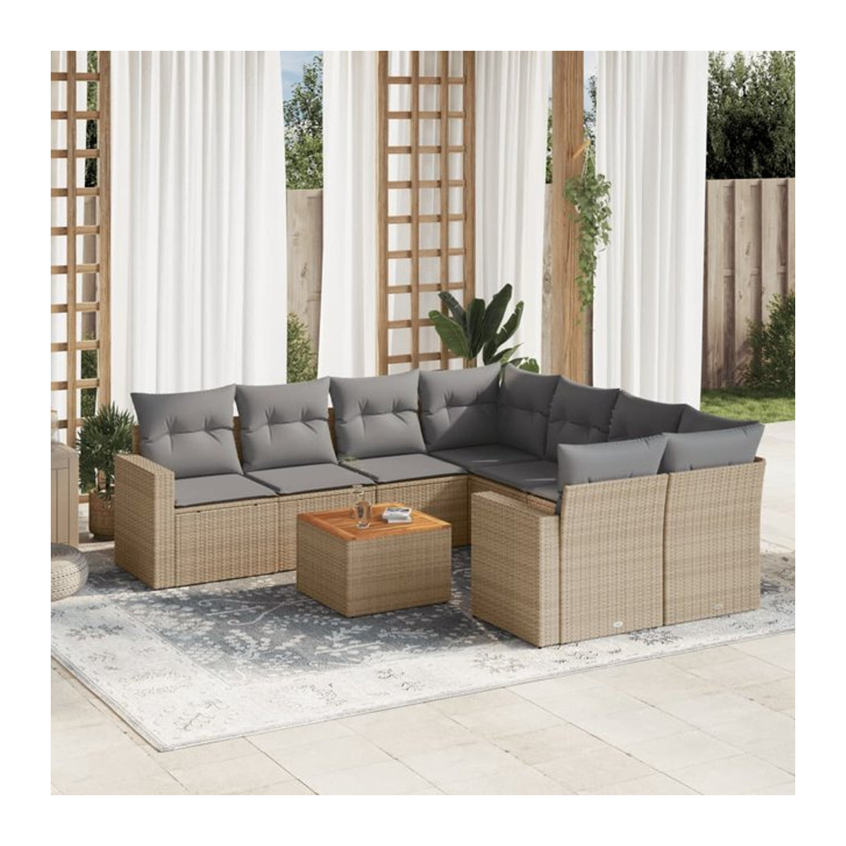 Vidaxl Gartenmöbel-Set mit 9 Teilen und Kissen aus Rattan und Holz in Beige - Bild 1