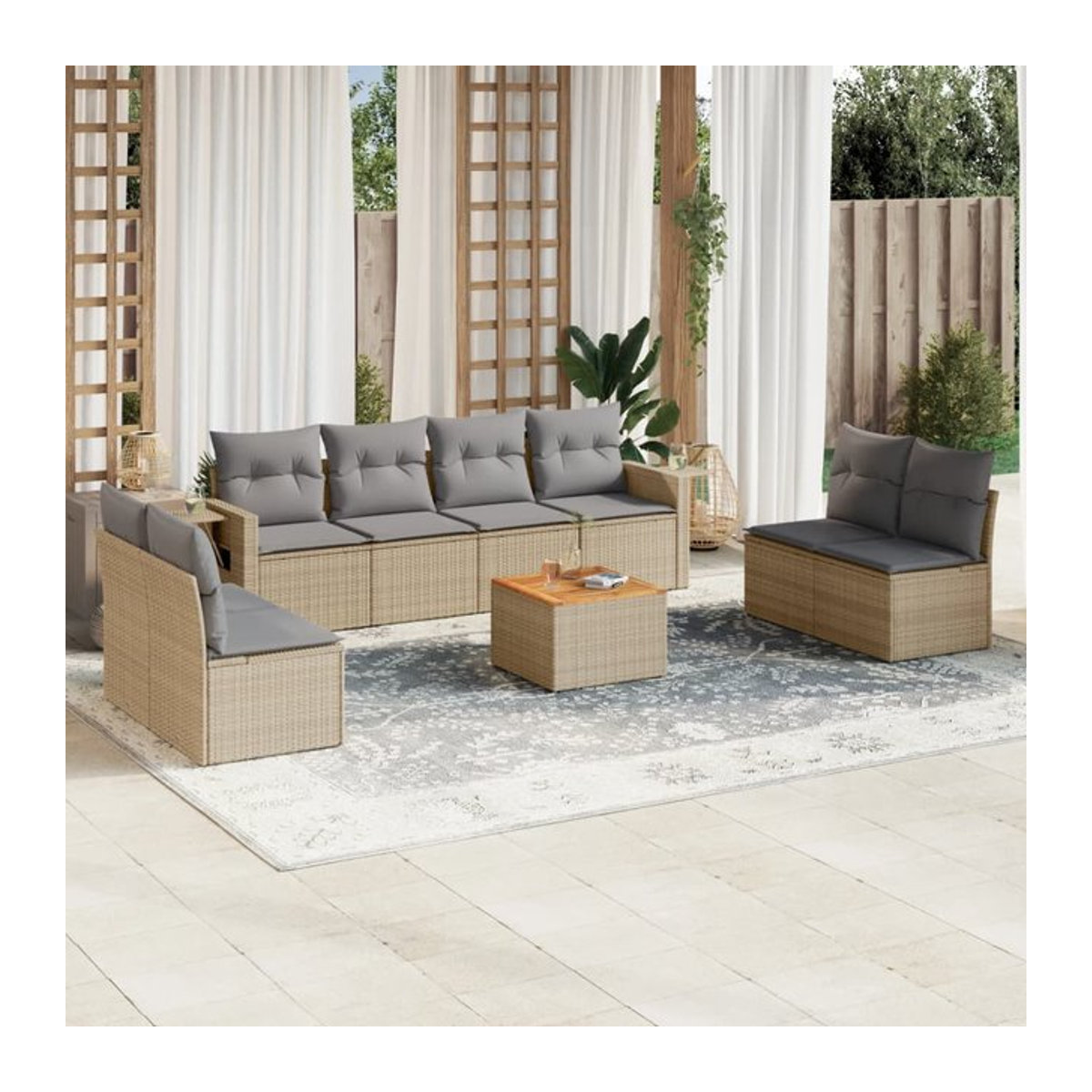 Vidaxl Gartenmöbel-Set mit 9 Teilen und Kissen aus Rattan und Holz in Beige und Grau - Bild 1