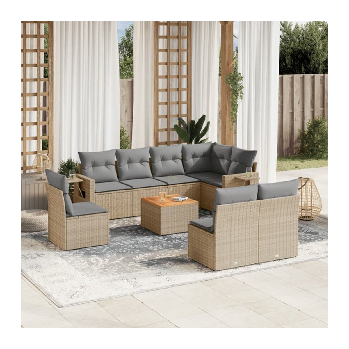Vidaxl Gartenmöbel-Set mit 9 Teilen und Kissen aus Rattan und Holz in Beige und Grau - Bild 1