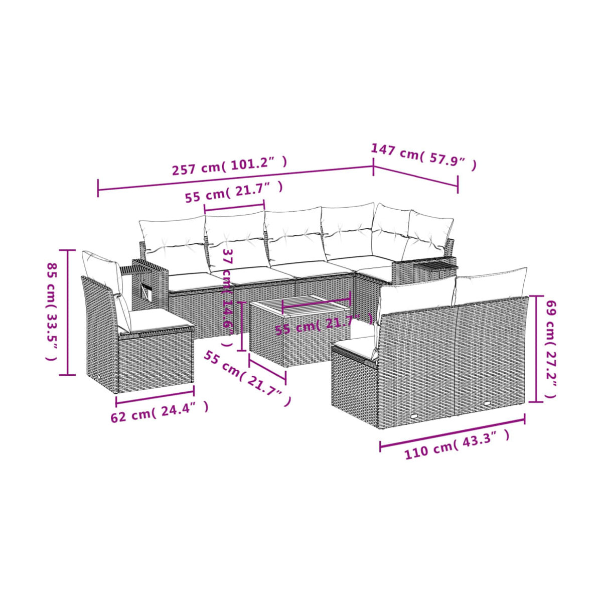 Vidaxl Gartenmöbel-Set mit 9 Teilen und Kissen aus Rattan und Holz in Beige und Grau - Bild 3