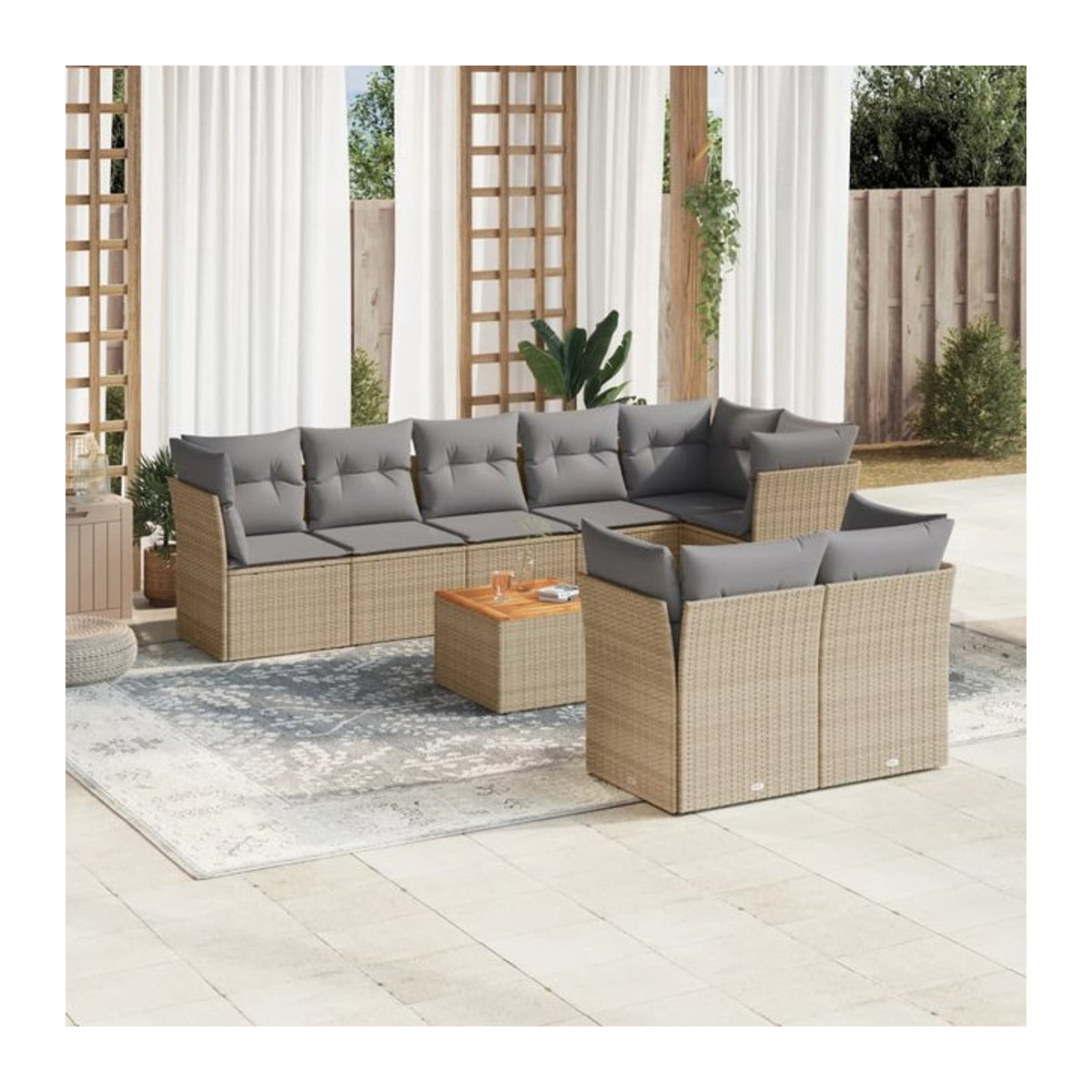 Vidaxl Gartenmöbel-Set mit 9 Teilen und Kissen aus Rattan und Holz in Beige und Grau im modernen Design - Bild 1