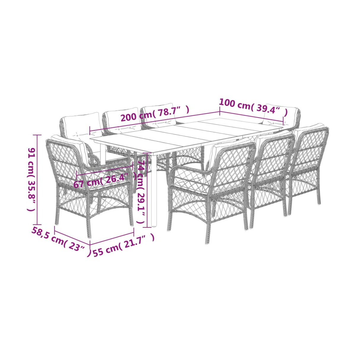 Vidaxl Gartenmöbel-Set mit 9 Teilen und Kissen aus Rattan und Metall in Beige - Bild 2