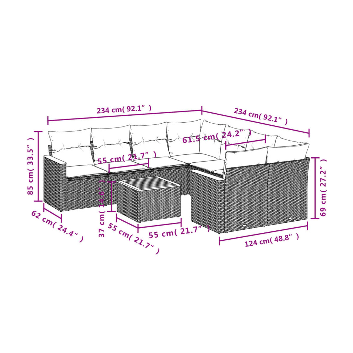 Vidaxl Gartenmöbel-Set mit 9 Teilen und Kissen in Beige und Grau - Bild 4