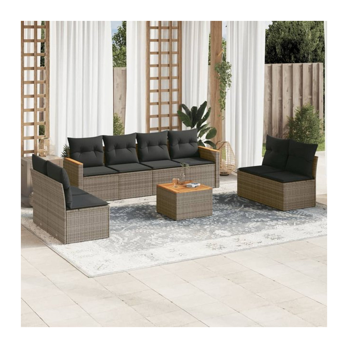 Vidaxl Gartenmöbel-Set mit Kissen aus Polyrattan, 9-teilig, Grau, Modernes Design - Bild 1